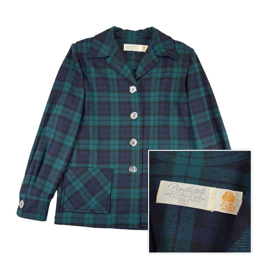 Pendleton 49er Jacket VTG 60s 70s Women 10 Black Watch Plaid Green Navy Wool USA